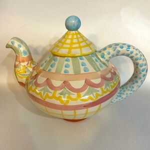 Mackenzie-Childs Hand-Painted Ceramic Teapot- Dots, Swirls and Checks